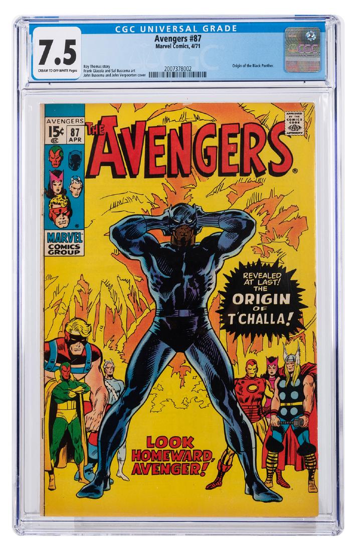 Avengers No. 87.: Avengers No. 87. Marvel Comics, 1971. CGC 7.5 graded copy with cream to off-white pages. Origin of Black Panther. Story by Roy Thomas. Art by Frank Giacoia and Sal Bucema. Cover by John Buscema and Jo