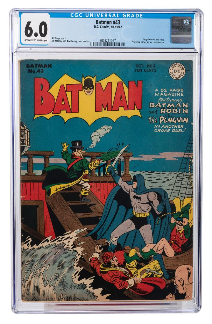 Batman No. 43.: Batman No. 43. DC Comics, 1947. CGC 6.0 graded copy with off-white to white pages. Features a Penguin cover and story, appearance from Professor Carter Nicholas. Story by Bill Finger. Cover and art by