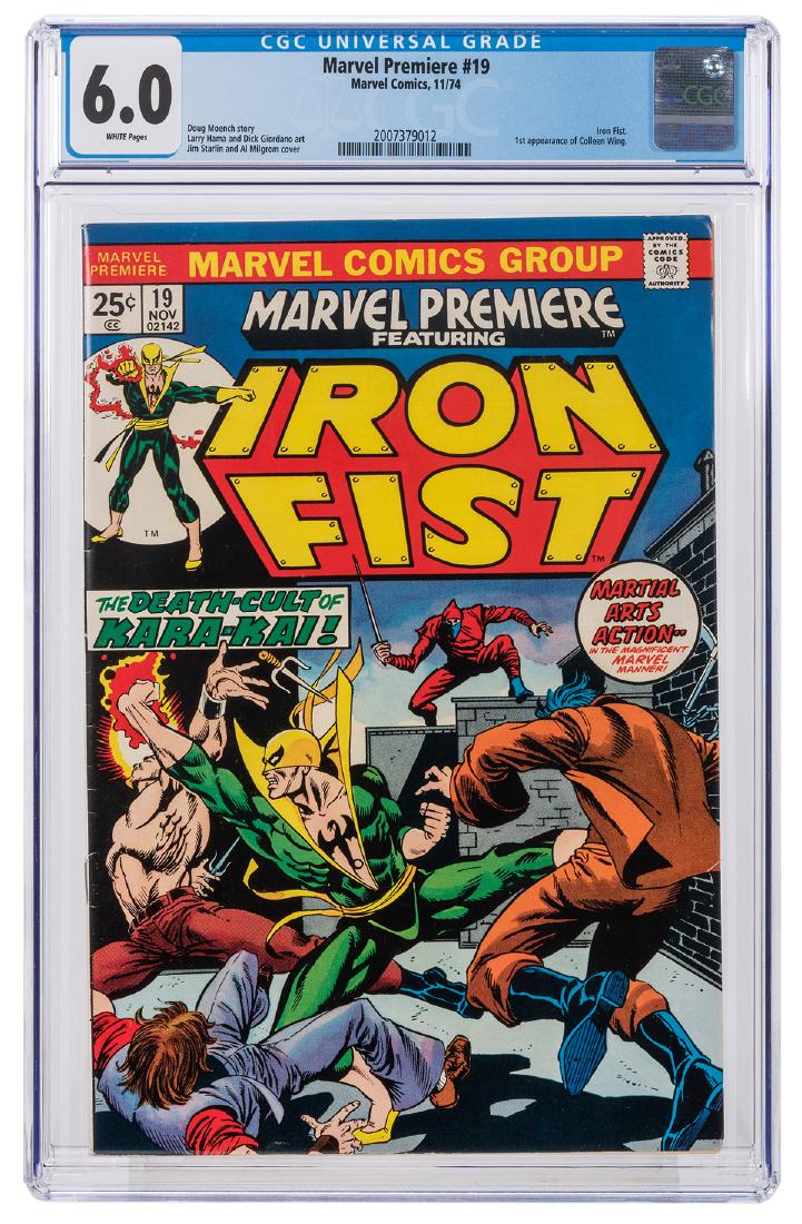 Marvel Premiere No. 19.: Marvel Premiere No. 19. Marvel Comics, 1974. CGC 6.0 graded copy with white pages. Features the Iron Fist with a first appearance from Colleen Wing. Story by Doug Moench. Art by Larry Hama and Dick Gi