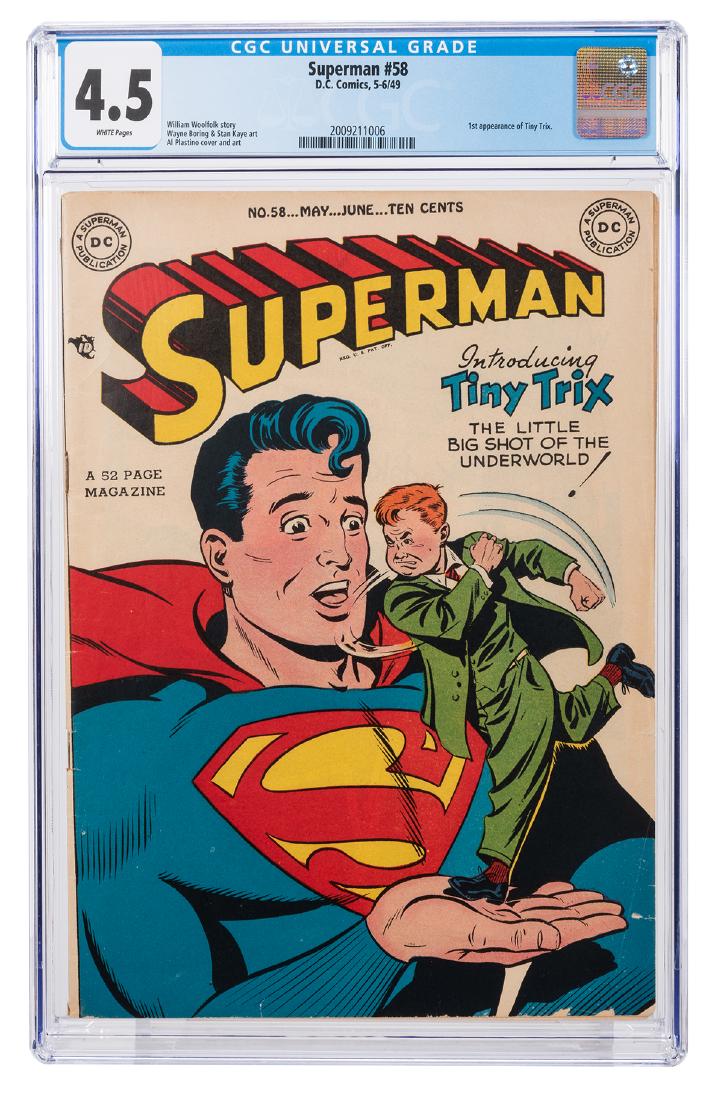 Superman No. 58.: Superman No. 58. DC Comics, 1949. CGC 4.5 graded copy with white pages. First appearance of Tiny Trix. Story by William Woolfolk. Art by Wayne Boring and Stan Kaye. Cover and art by Al Plastino.