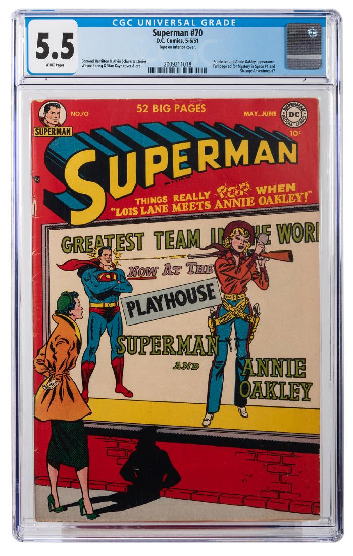 Superman No. 70.: Superman No. 70. DC Comics, 1951. CGC 5.5 graded copy with white pages. Appearances by Prankster and Annie Oakley. Full-page advert for Mystery in Space No. 1 and Strange Adventures No. 7. Stories by 