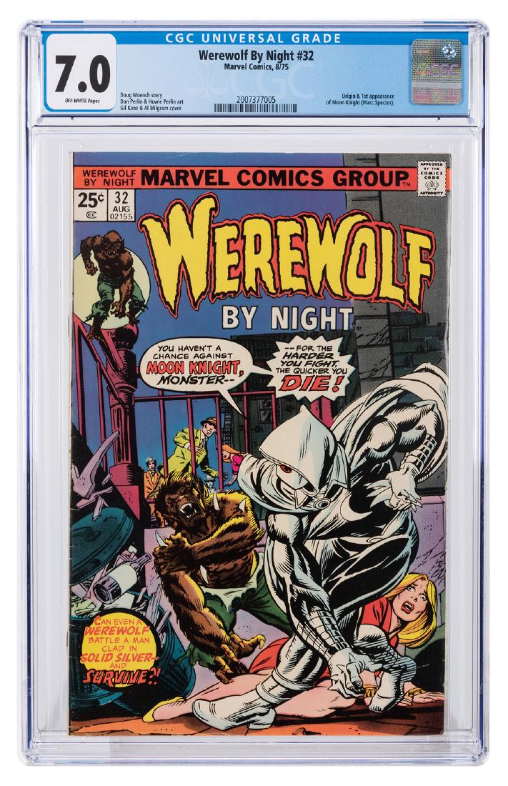 Werewolf by Night No. 32.: Werewolf by Night No. 32. Marvel Comics, 1975. CGC 7.0 graded copy with off-white pages. Origin and first appearance of Moon Knight (Marc Spector). Story by Doug Moench. Art by Don and Howie Perlin. C