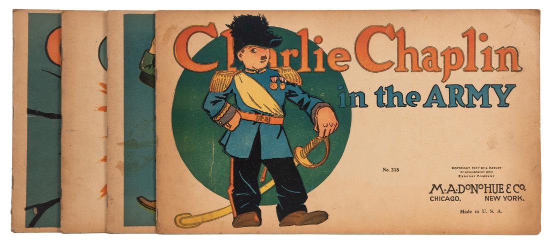 Charlie Chaplin Platinum Age Oversize Comics. Lot of: Charlie Chaplin Platinum Age Oversize Comics. Lot of Four. Chicago: M.A. Donogue, 1917. Stapled color wrappers. Oblong 4tos (9 ½ x 16 ½”). Scattered tears and soiling to covers, one with paint mar