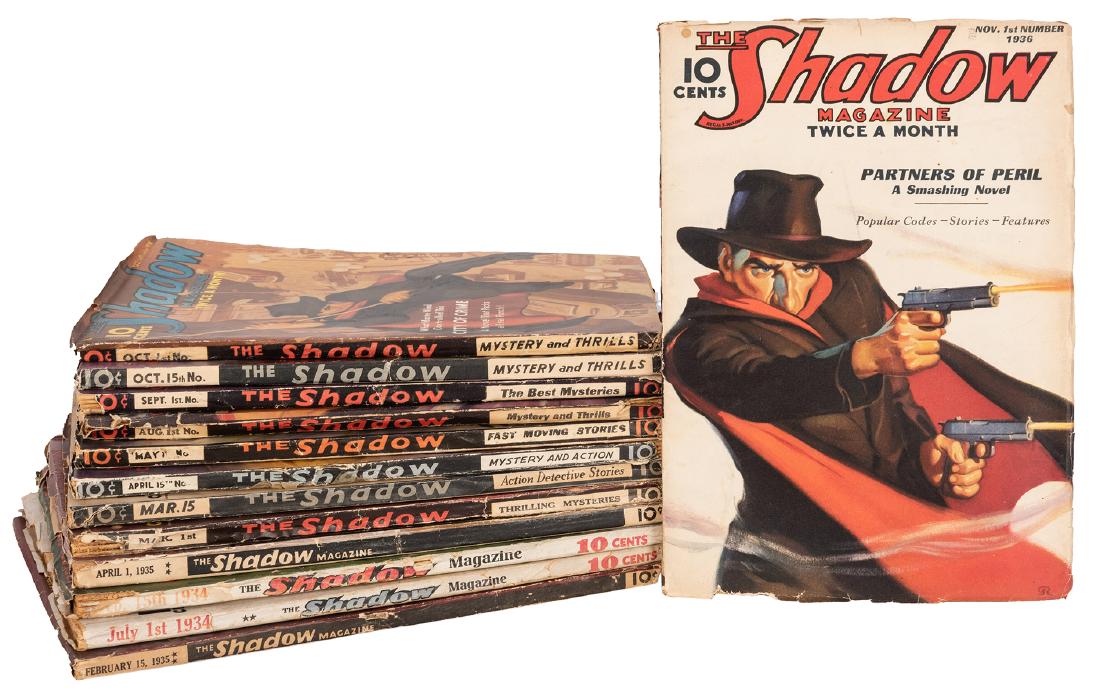 The Shadow. 1934-36. 13 Issues.: Gibson, Walter. The Shadow. 1934-36. 13 Issues. New York: Street & Smith, 1934-36. Includes issue Vol. 12, No. 6; Vol. 10, No. 3; Vol. 8, No. 6; Vol. 19, No. 1, 3-5; Vol. 18, No. 5; Vol. 17, No. 1-2, 