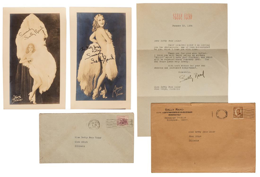Sally Rand Signed and Inscribed Photograph to Betty: Sally Rand Signed and Inscribed Photograph to Betty Jane Kolar. 1934. Includes two publicity photographs signed by Rand, one inscribed to Betty Jane Kolar, together with a letter to Betty Jane on Rand