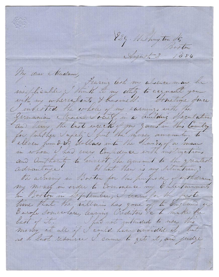 Autograph Letter Signed, “Robert Heller,”: Heller, Robert. Autograph Letter Signed, “Robert Heller,” to Madame Blanchard. Boston: Aug. 2, 1854. Three-page letter in Heller’s hand, on a folded folio sheet of P&S laid paper, si