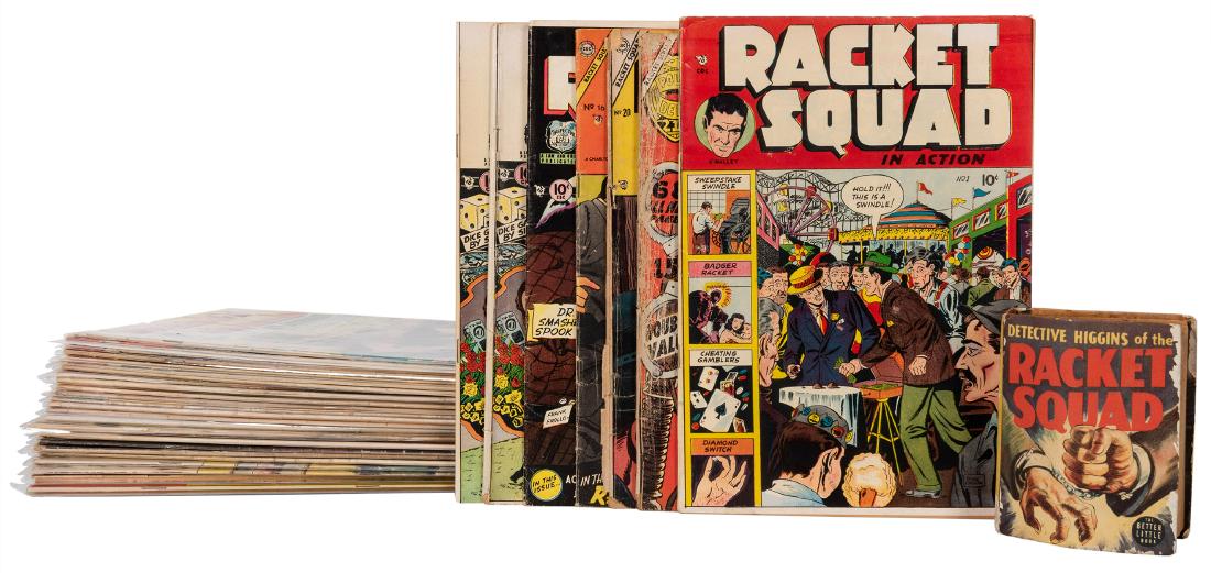 Racket Squad. 33 Comic Books.: Racket Squad. 33 Comic Books. Derby, CT: Law and Order Magazines Inc., 1952. File of Racket Squad comic books include issues 1-2, 4-6, 9-11, 13, 16-18, 20-21, and 23-29. Issues 1,4,5, 16, 28, and 29 d