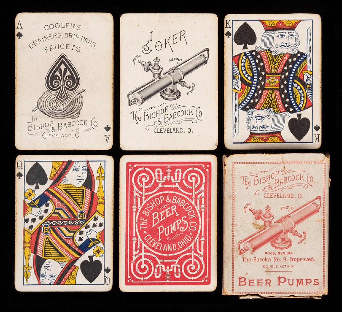 Bishop & Babcock Beer Pumps, Cleveland, Advertising: Bishop & Babcock Beer Pumps, Cleveland, Advertising Playing Cards. Cleveland, ca. 1880s. 52 + J + OB. Advertising deck, Joker depicting one of the company’s pumps. Soiling, slight creasing and other
