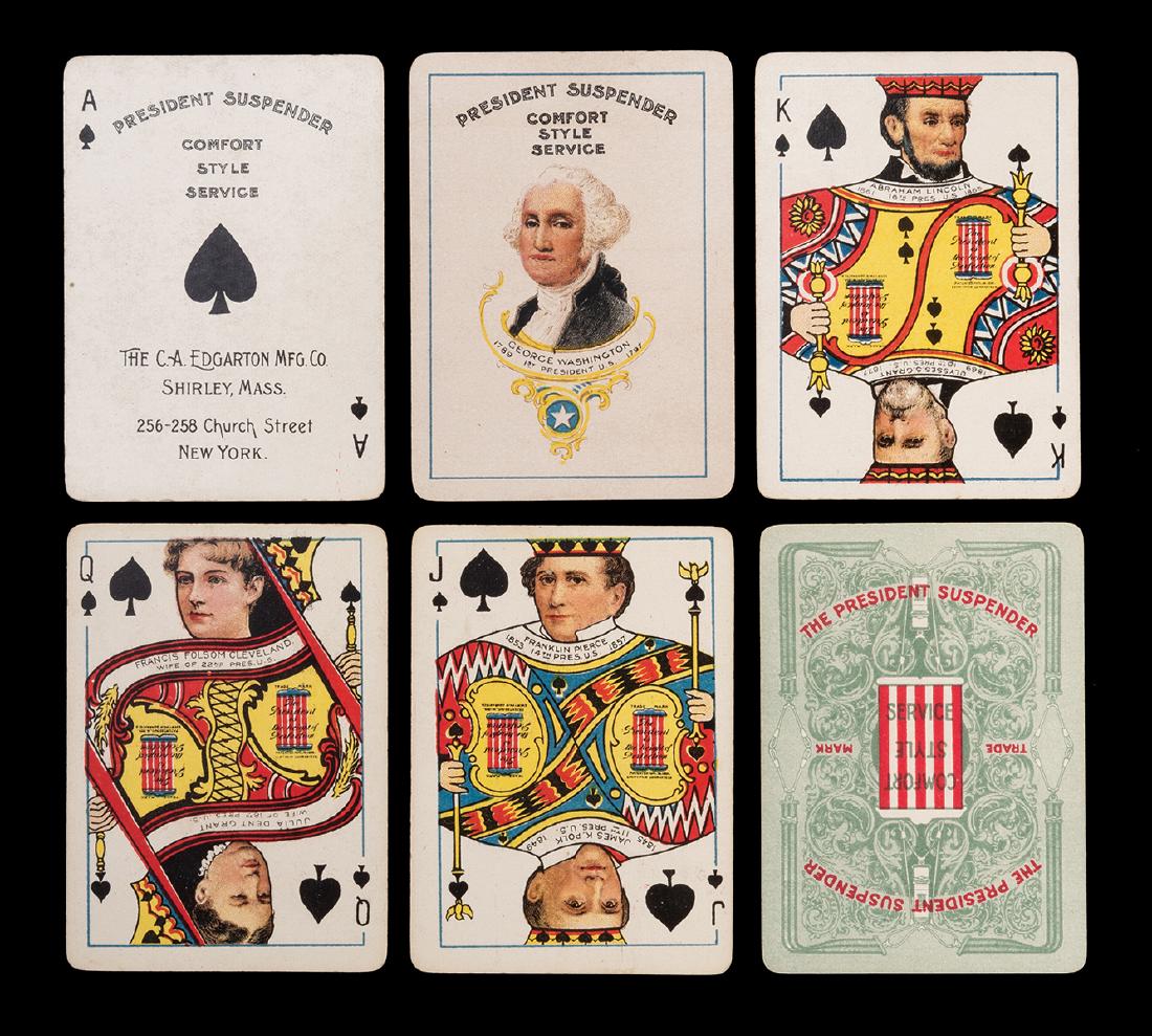 Presidential Suspenders Advertising Playing Cards.: Presidential Suspenders Advertising Playing Cards. Shirley, Mass: C.A. Edgarton Co., 1904. 52 + wrapper, not original. Advertising deck for Presidential Suspenders. Each king and jack features two dif