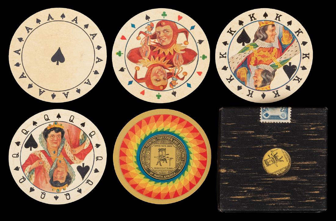International Printing Pressmen Circular Advertising /: International Printing Pressmen Circular Advertising / Gift Playing Cards. N.p., ca. 1930s. 52 + J + EC (blank) + OB. Color offset lithographed holiday gift deck of circular playing cards issued by th