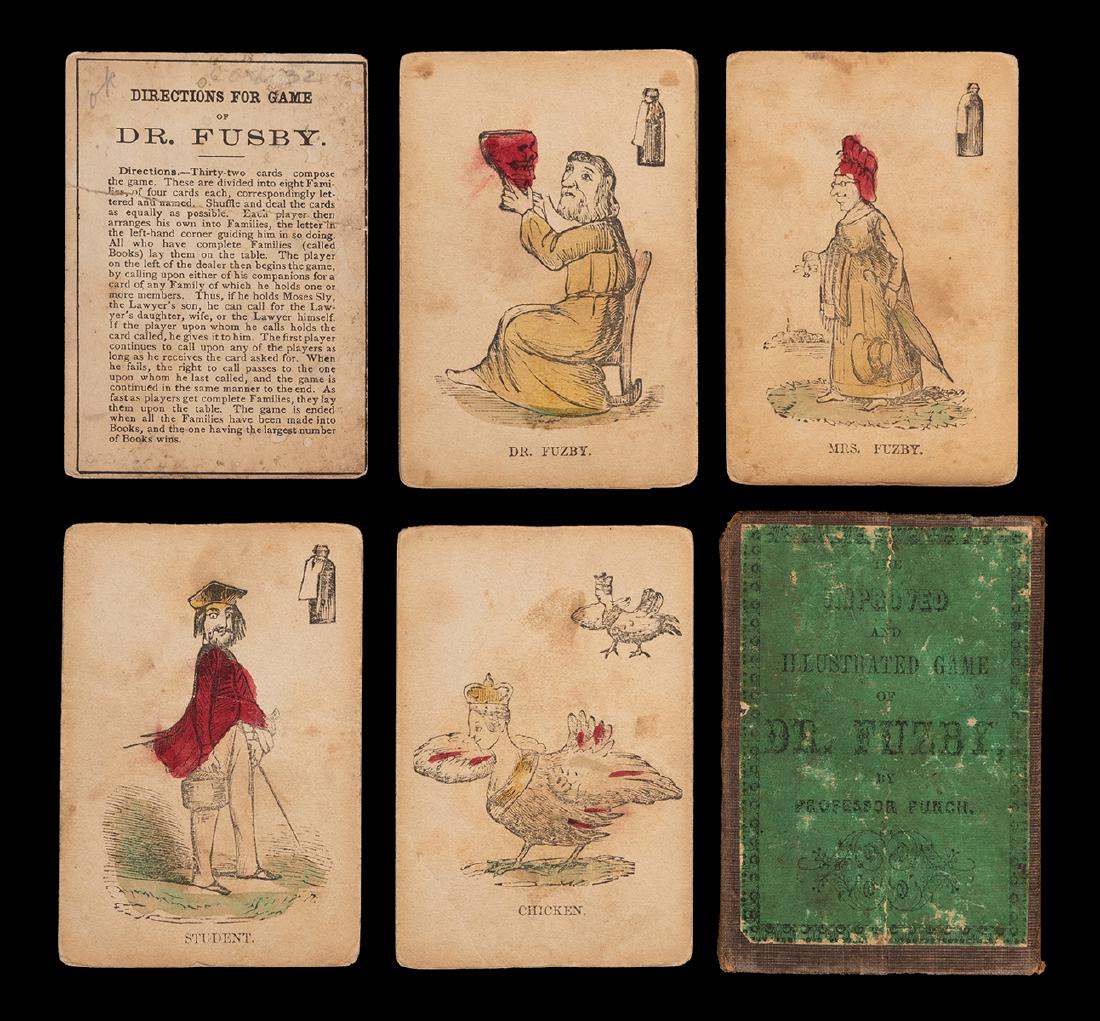 The Improved and Illustrated Game of Dr. Fusby by: The Improved and Illustrated Game of Dr. Fusby by Professor Funch. N.p., ca. 1840s [?]. 20 + Instruction card + Slipcase. Wood-engraved with hand coloring. The directions card, which call for 32 cards