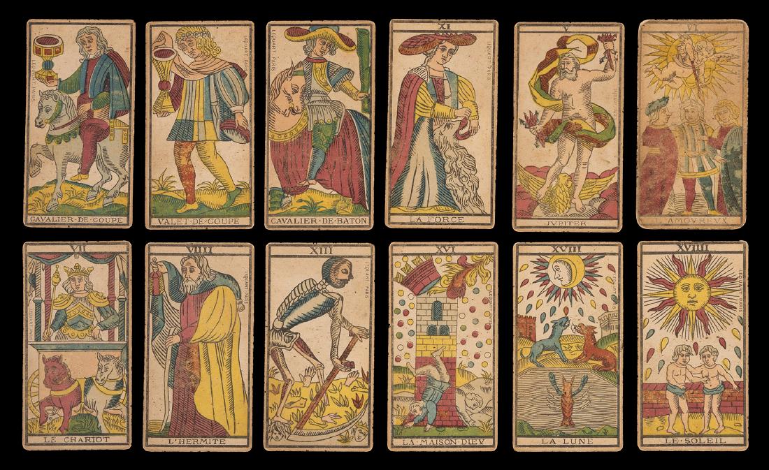 Arnoult 1748 Tarot Deck. Lequart Edition.: Arnoult 1748 Tarot Deck. Lequart Edition. Paris: Lequart, ca. 1890. Partial deck, 84 cards total, including 9 (of 16) face cards, and 10 (of 22) trump cards, not including The Fool. Lithographed with 