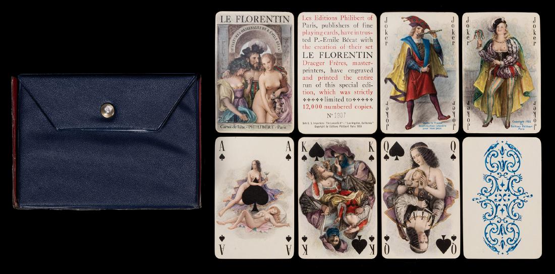 Editions Philibert Le Florentin Double Deck Playing: Editions Philibert Le Florentin Double Deck Playing Cards. Paris, 1955. Two decks, both 52 + 2J + Title cards. Semi-erotic courtly designs after Besat. Very good. Vinyl case.