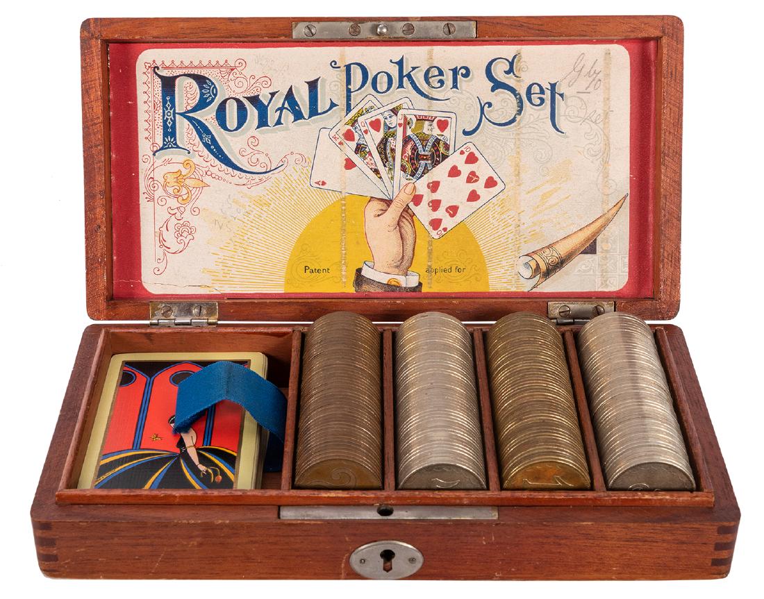 Royal Poker Set.: Royal Poker Set. American, ca. 1900. Wooden box with original lock (without key), organizational compartments, 51 brass ten dollar chips, 99 nickel five dollar chips, and 47 copper 25 dollar chips. In
