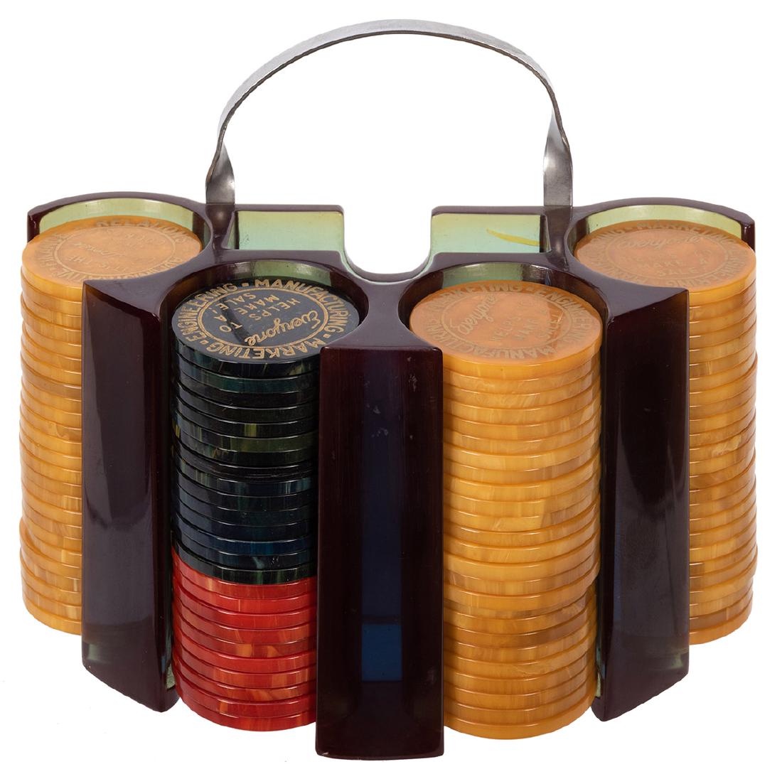Bakelite Advertising Sample Poker Chip Set.: Bakelite Advertising Sample Poker Chip Set. Mid-century ruby colored Bakelite holder with a metal handle houses 15 green chips, ten red chips, and 75 yellow chips. Holder with slot for cards. Chips in
