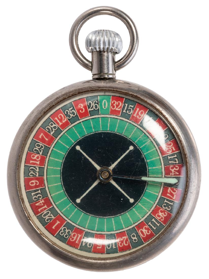 Wind-Up Roulette Wheel Pocket Watch.: Wind-Up Roulette Wheel Pocket Watch. Maker unknown, early to mid-twentieth century. Nickel case with plastic wheel. Twist the stem to wind up the watch and spin the dial. Reverse engraved with geometr