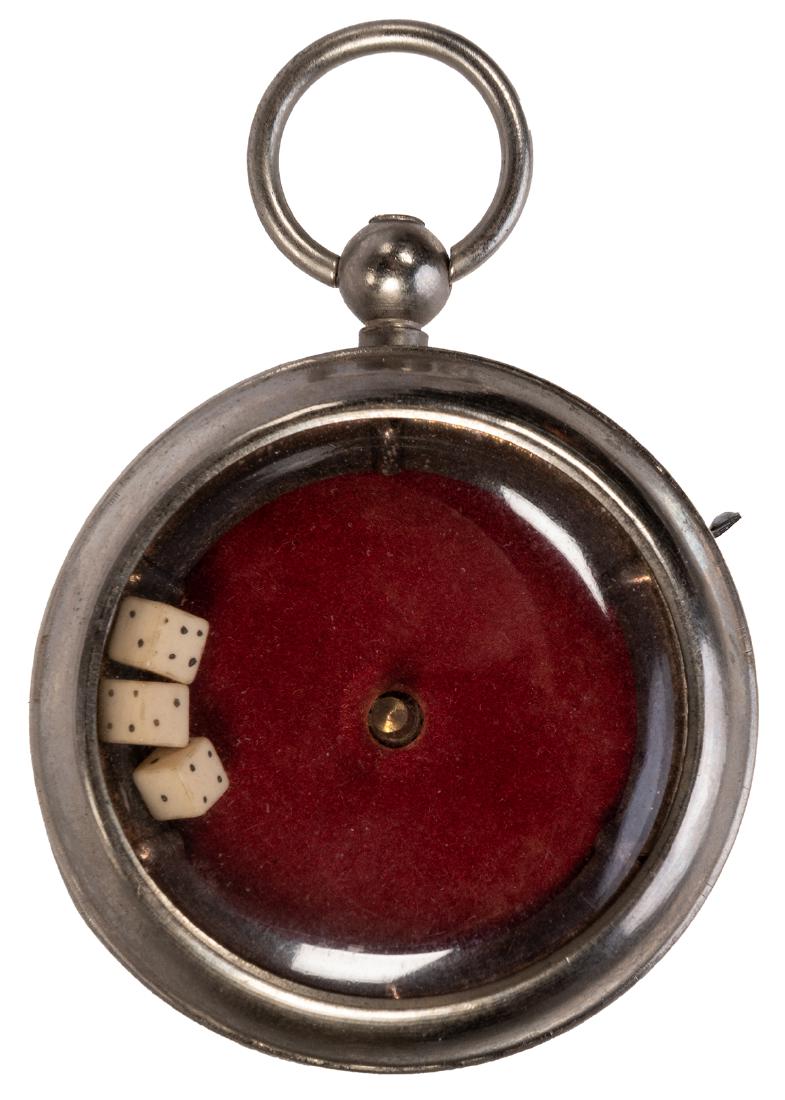 Dice Gambling Pocket Watch.: Dice Gambling Pocket Watch. German, n.d. Flick the lever on the side and the turntable spins the three dice. Working.