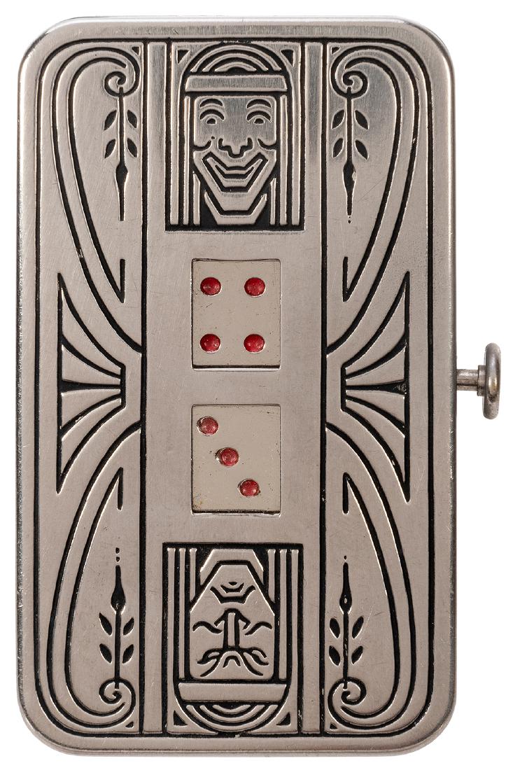 Auto Dice Pocket Game.: Auto Dice Pocket Game. New York: Demley, ca. 1900s. Metal cast with card faces engraved on top. Push button to spin interior dice. Very good.