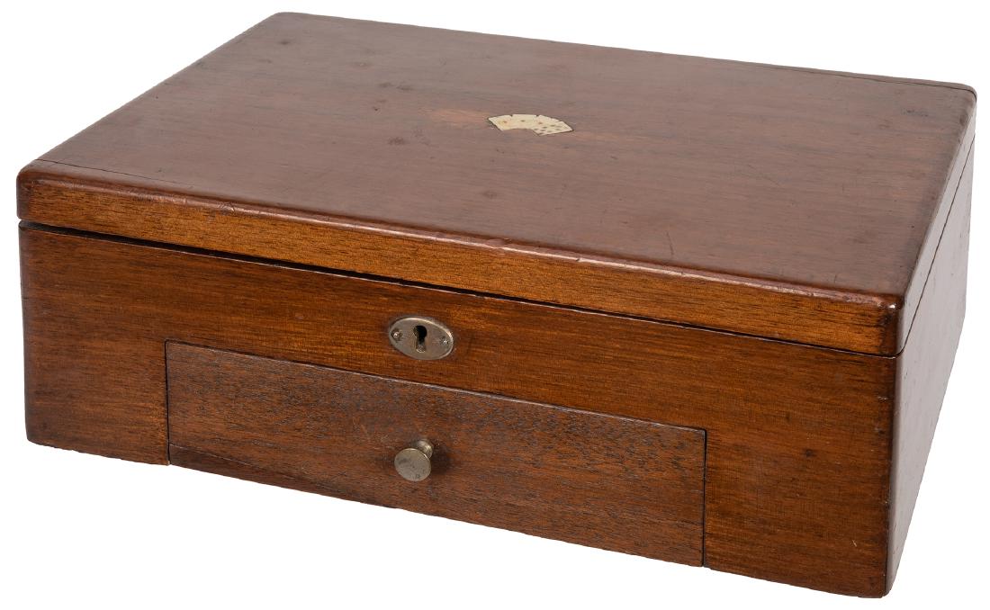 Antique Wooden Box with Playing Card Inlay.: Antique Wooden Box with Playing Card Inlay. Nineteenth century oak box with one drawer (with small ventilation opening). Hinged lid bearing a celluloid inlay of a four playing cards. Original lock and