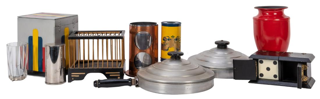 Collection of Abbott’s Magic Props.: Collection of Abbott’s Magic Props. Including Streamlined Super Deluxe Dove Pan (2, one lacking handle); Modern Water Bowl; Pixie Glass; Lota Bowl; All-Metal Round Circle; Improved Liquid Appear