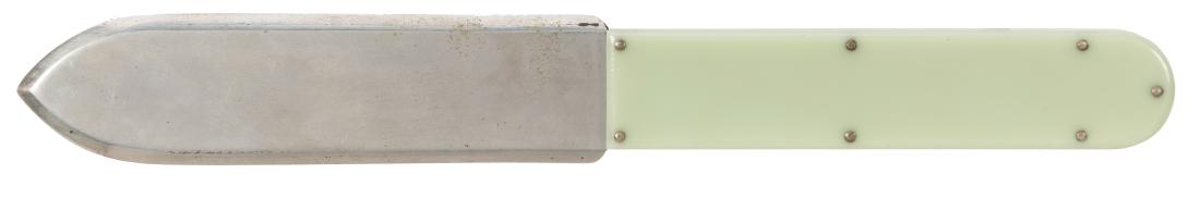 Billet Knife.: Billet Knife. Circa 1960s. Device allows the magician to read the contents of a sealed letter. Mint Lucite handle, steel blade. Length 8 ½”. Very good.