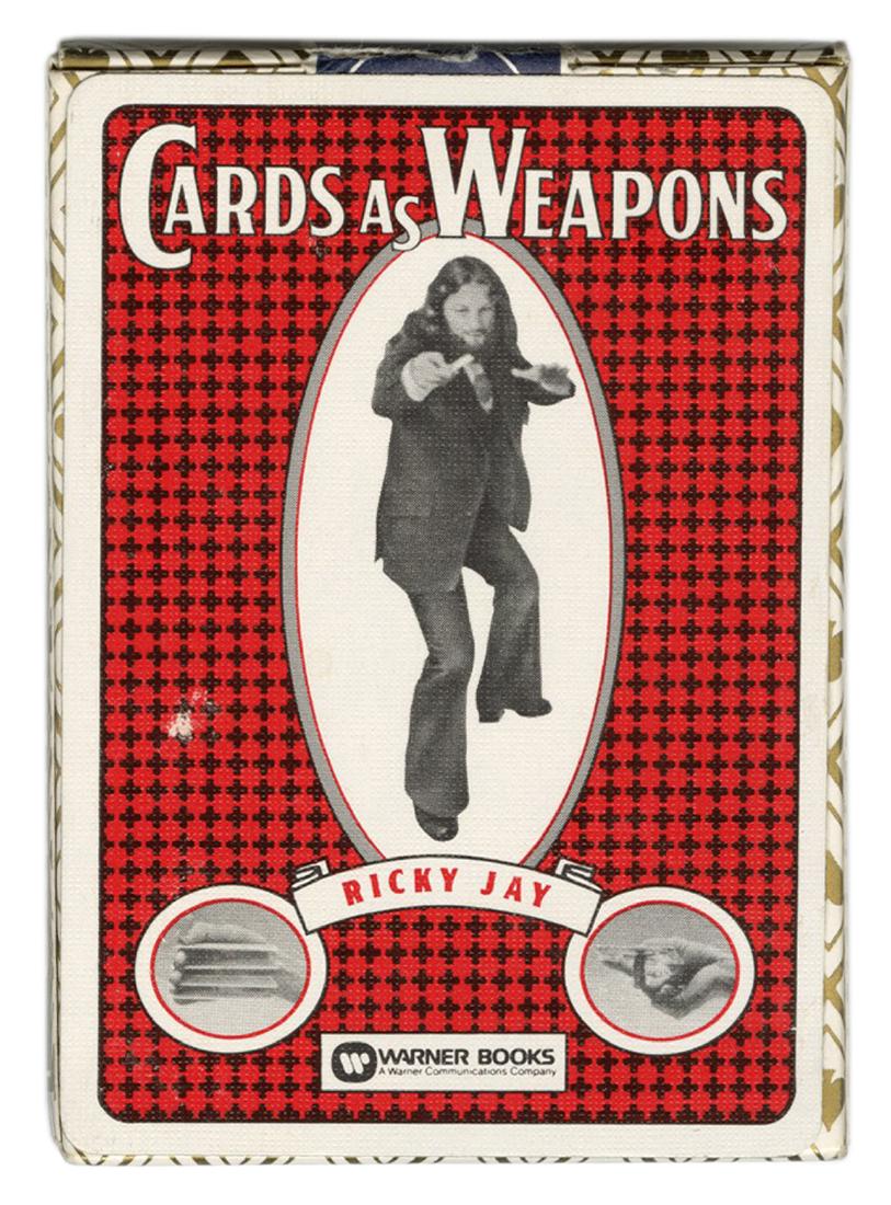 Ricky Jay Cards As Weapons Promotional Playing Cards.: Ricky Jay Cards As Weapons Promotional Playing Cards. 1977. 52 + 2J + EC + OB. Custom pack of cards produced to promote Jay’s cult classic book. Near fine.