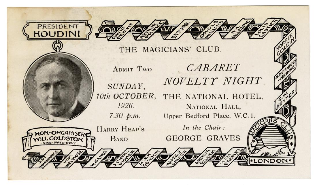 The Magicians’ Club Annual Dinner Admission: Houdini, Harry (Ehrich Weisz). The Magicians’ Club Annual Dinner Admission Ticket. 1926. Pictorial admission ticket for two to the club’s Cabaret Novelty Night. Circular halftone of Houdin