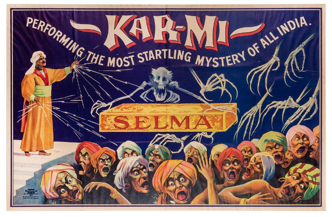 Kar-Mi. Forming the Most Startling Mystery of All: Kar-Mi (Joseph Hallworth). Kar-Mi. Forming the Most Startling Mystery of All India. Selman. St. Louis: National Ptg., 1914. Color lithograph depicting the magician levitating a sarcophagus above a del