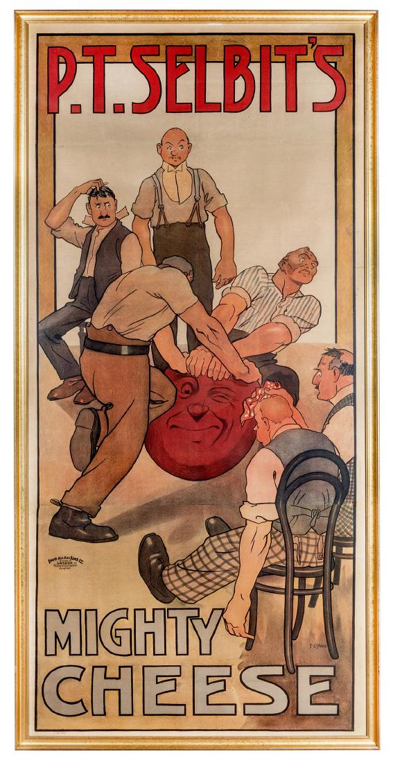 P.T. Selbit’s Mighty Cheese.: Selbit, P.T. (Percy Thomas Tibbles). P.T. Selbit’s Mighty Cheese. London: David Allen & Sons, ca. 1920. Three-sheet (87 x 40”) color lithograph depicting a comic scene sketched by artist T