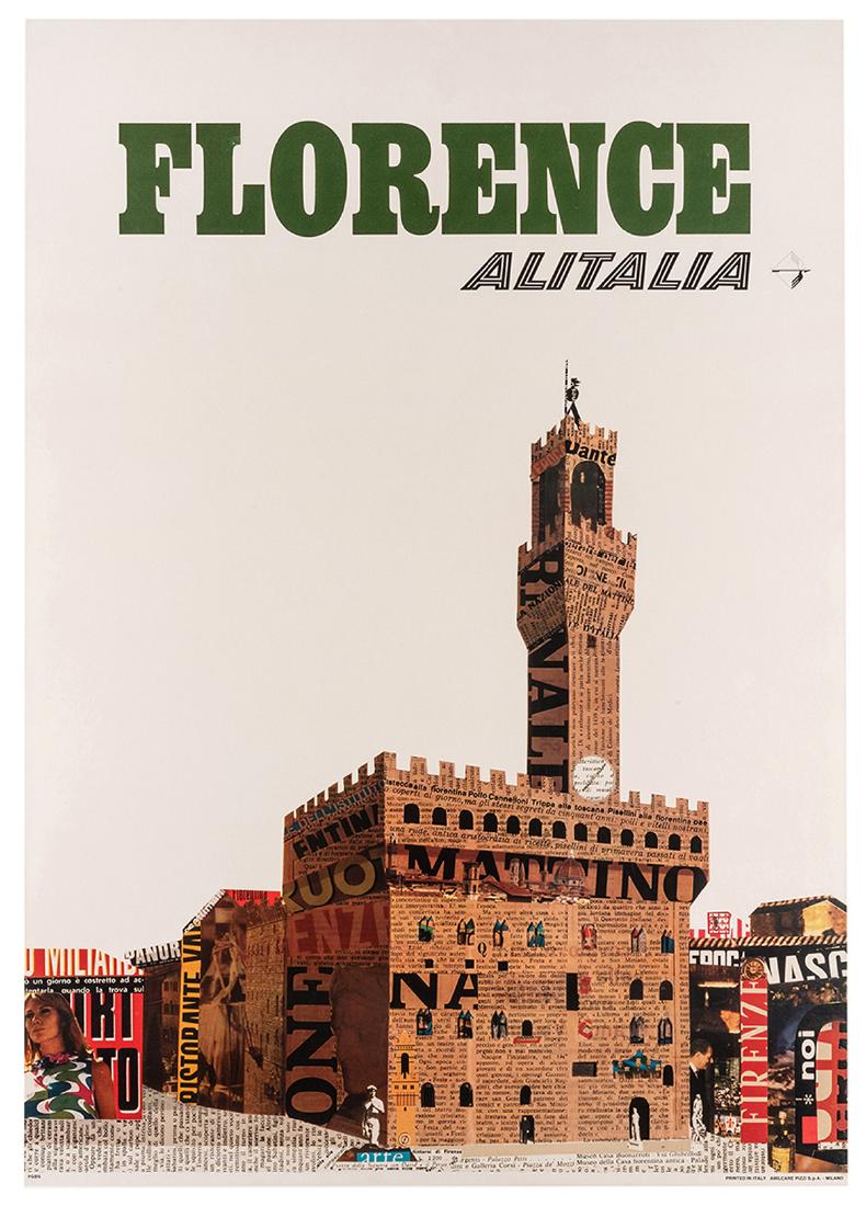 Alitalia. Florence.: Alitalia. Florence. Milan: Amilcare Pizzi, ca. 1960s. Newspaper collage travel poster of the Palazzo Vecchio in Florence, Italy. 38 ½ x 27”. Expertly repaired closed tears to lower corner. A-. Line
