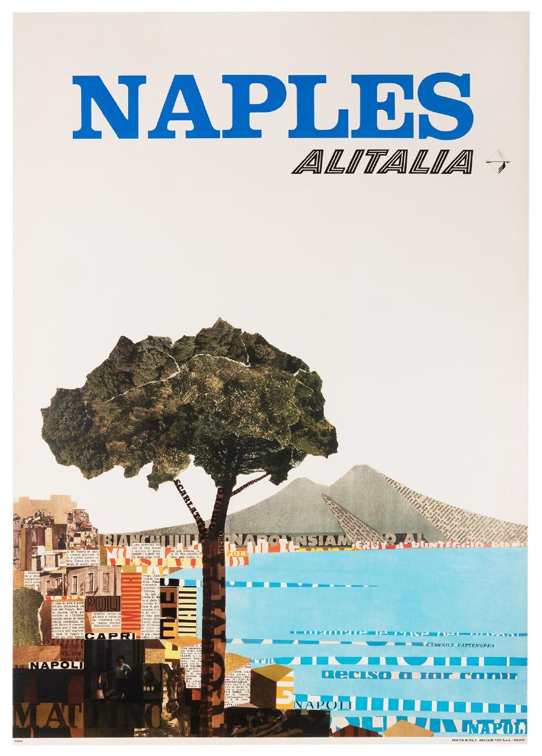 Alitalia. Naples.: Alitalia. Naples. Milan: Amilcare Pizzi, ca. 1960s. Newspaper collage travel poster of a volcano and adjacent city scape. 38 ½ x 27”. Small closed tears to border. A.- Linen backed.