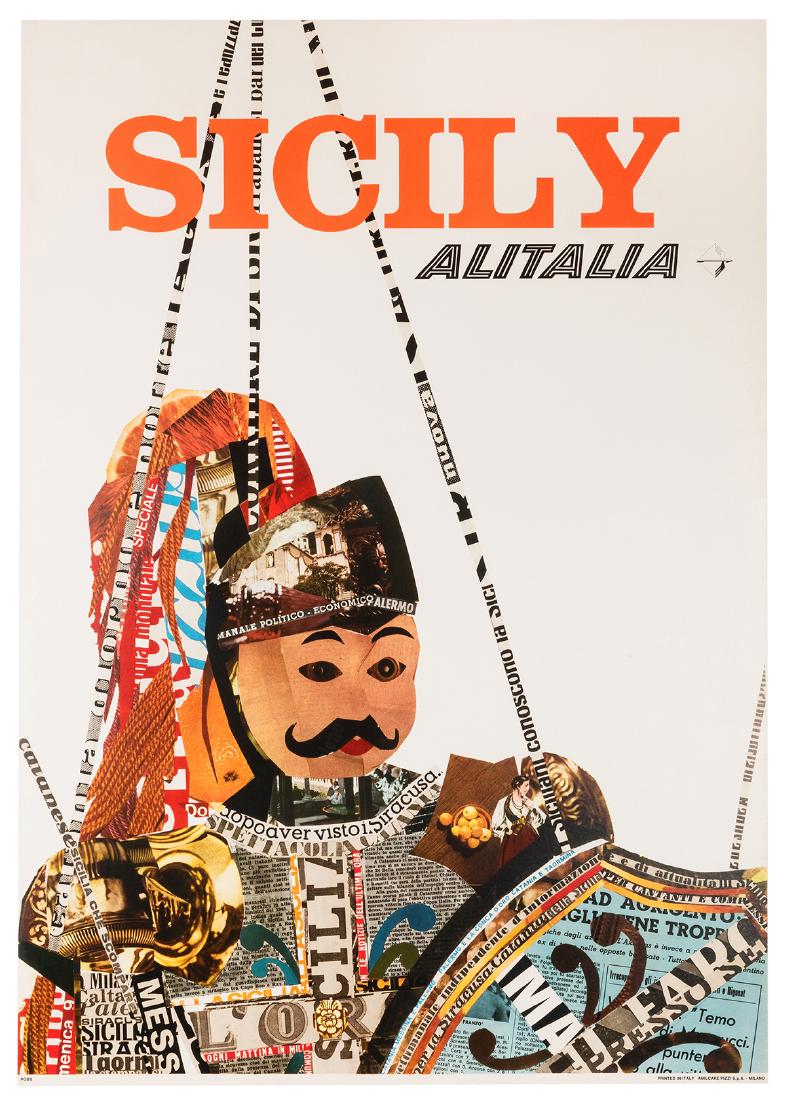 Alitalia. Sicily.: Alitalia. Sicily. Milan: Amilcare Pizzi, ca. 1960s. Newspaper collage travel poster of a Sicilian gold solider. 38 ½ x 27”. A. Linen backed.