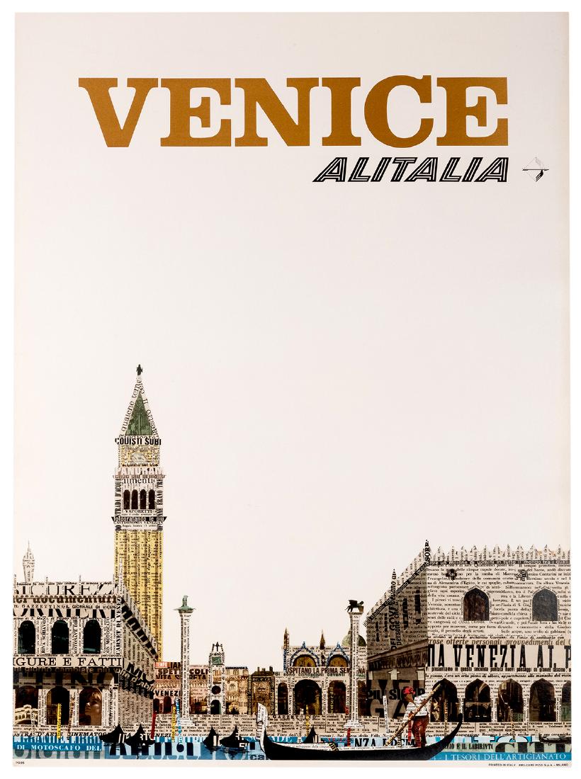 Alitalia. Venice.: Alitalia. Venice. Milan: Amilcare Pizzi, ca. 1960s. Newspaper collage travel poster of the Venice cityscape with a man operating a gondola in the foreground. 39 x 27”. Small tears to border. A-. Lin