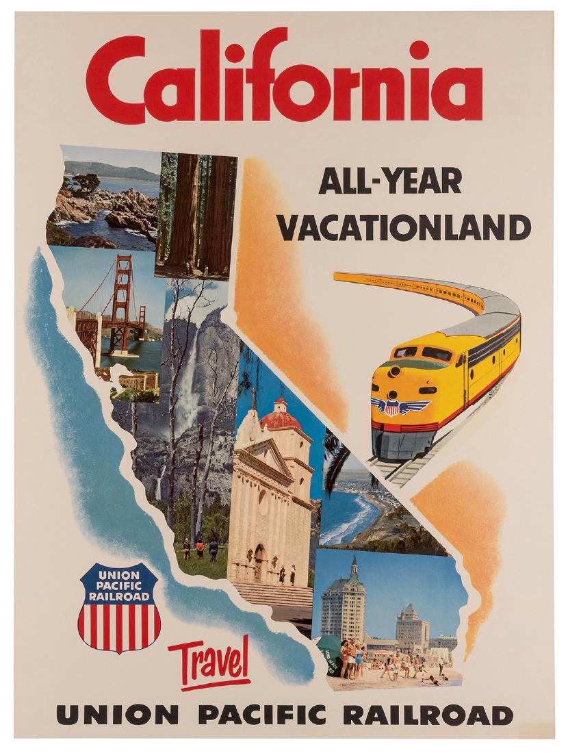 California. Go Union Pacific Railroad.: California. Go Union Pacific Railroad. Circa 1940s. A travel poster featuring the outline of the state and a collage of California specific travel photographs as a Union Pacific train speeds past. 34