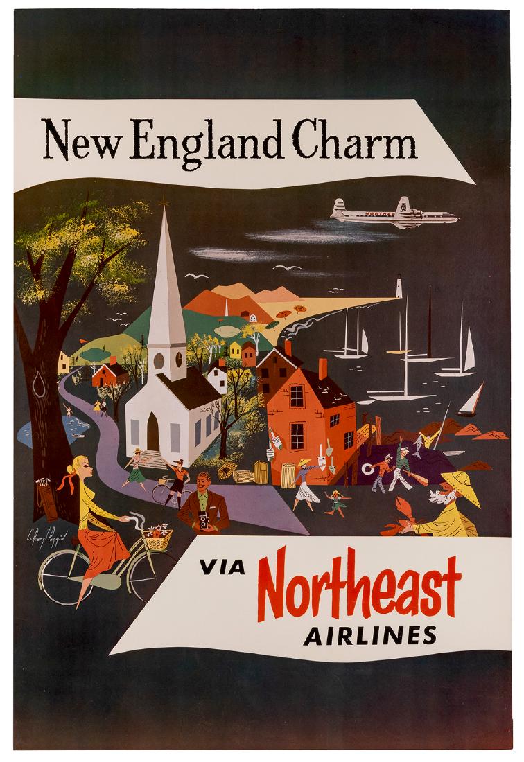 Perrin, Robert (American, 1912-1999). Northeast: Perrin, Robert (American, 1912-1999). Northeast Airlines. New England Charm. Circa 1950. Poster filled with vignettes of New England towns and countryside with a Northeast Airlines jet in the sky. 34