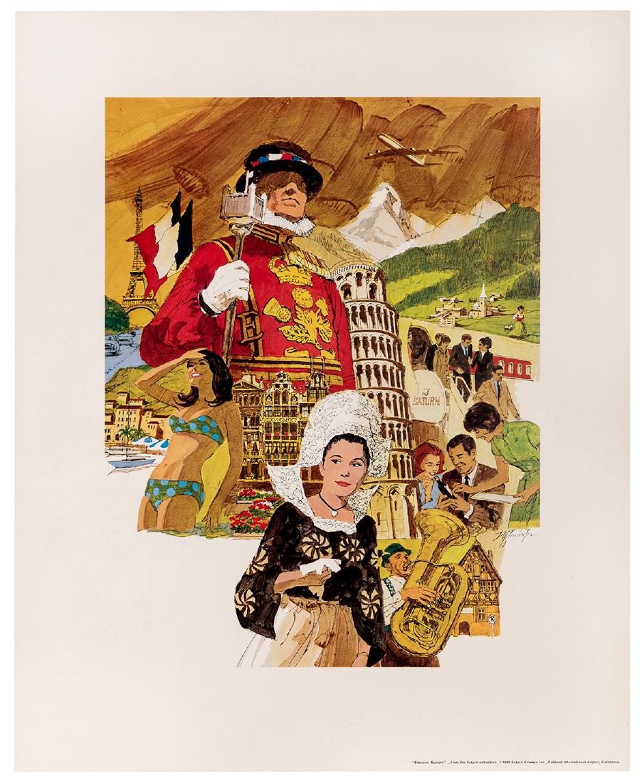 Saturn Airways. Discover Europe. 1969.: Saturn Airways. Discover Europe. 1969. Collage image of various iconic symbols of Europe including the Leaning Tower of Pisa, the Eiffel Tower, a woman in Dutch costume, and a man in lederhosen playin