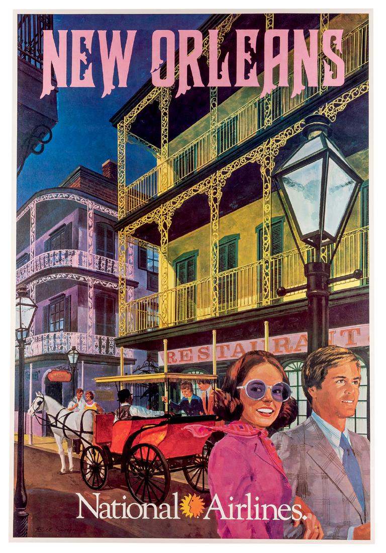 Simon, Bill. National Airlines. New Orleans.: Simon, Bill. National Airlines. New Orleans. Circa 1960s. A couple strolls through the French Quarter, a horse-drawn carriage passing by. 41 ½ x 28”. A. Linen backed.