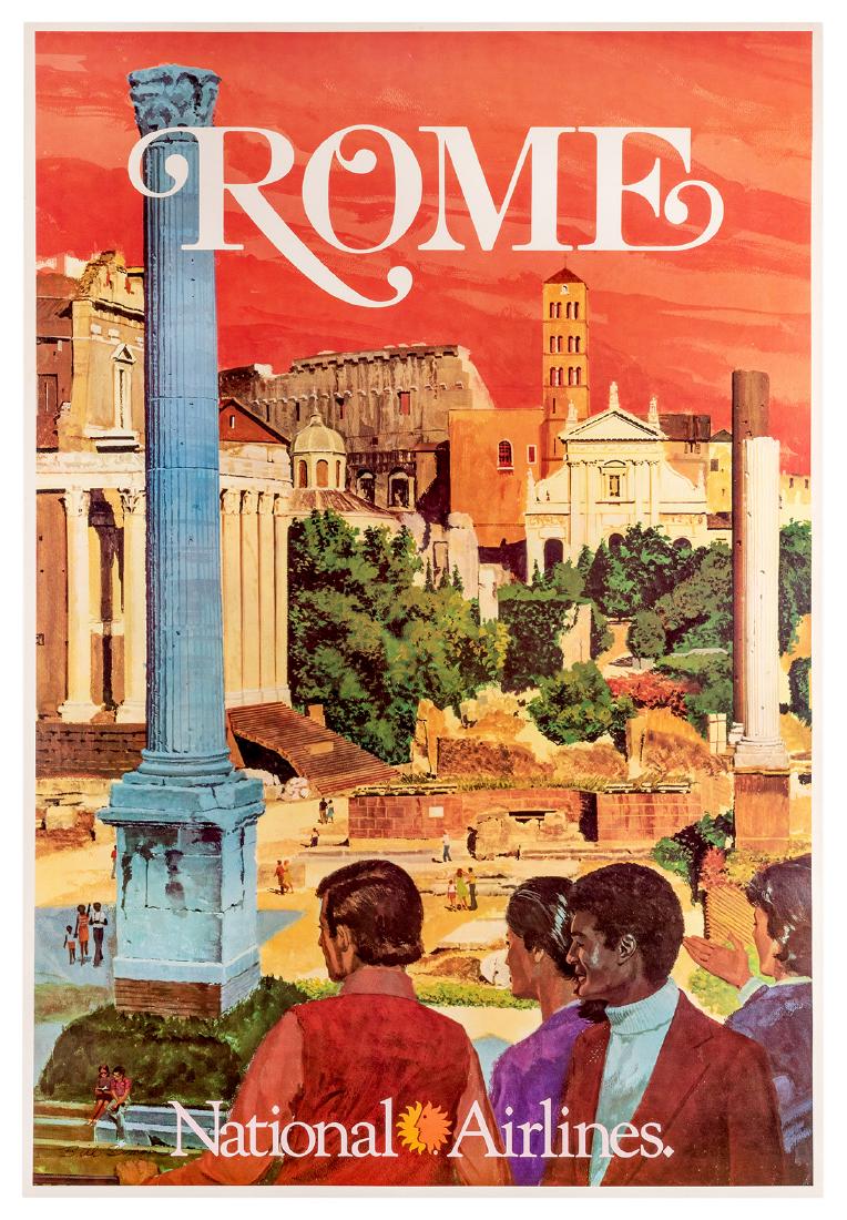 Simon, Bill. National Airlines. Rome.: Simon, Bill. National Airlines. Rome. Circa 1960s. Features a small group of people looking out and over the Roman Forum. 41 ¾ x 28 ½”. Signed by artist on lower left corner. A. Linen backed.