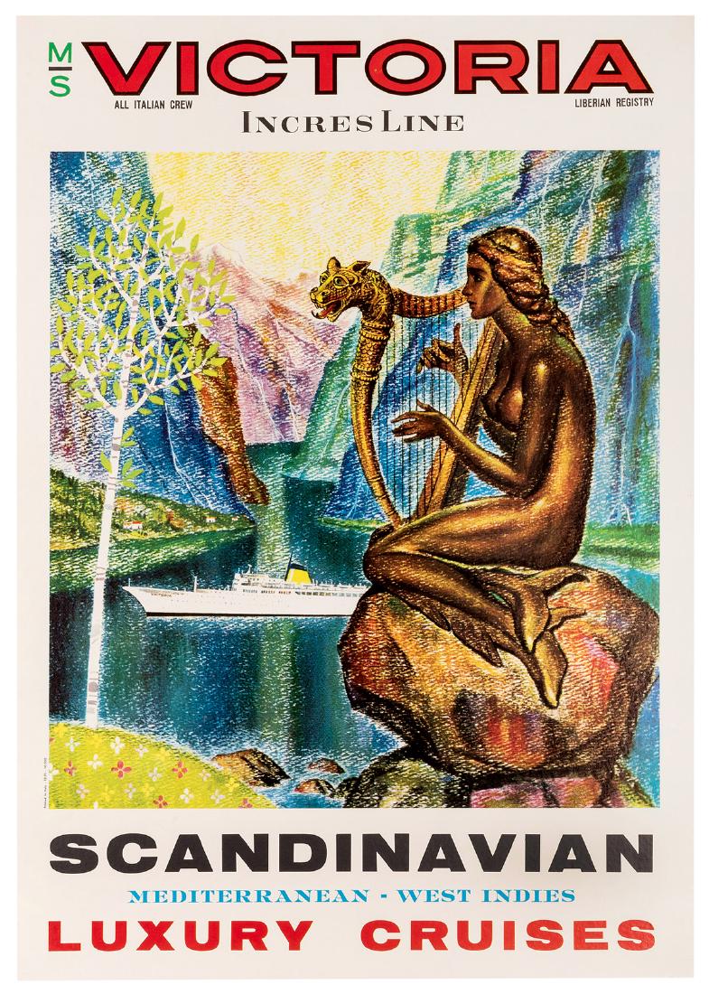 Victoria Incres Line. Scandinavian Luxury Cruises.: Victoria Incres Line. Scandinavian Luxury Cruises. Italy, ca. 1960s. Offset travel poster depicting a mermaid playing a harp as a cruise ship floats by. 27 ¾ x 19 ½”. A. Linen backed.