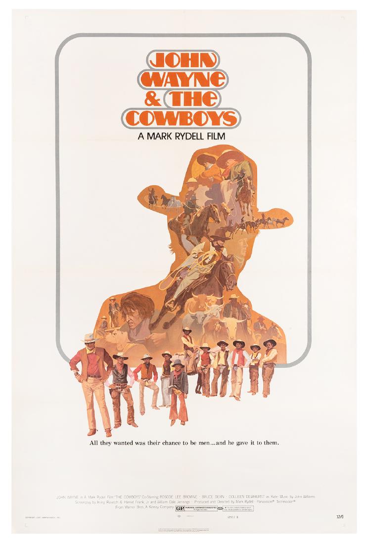 John Wayne and The Cowboys. Burbank: Warner Brothers,: John Wayne and The Cowboys. Burbank: Warner Brothers, 1971. Promotional poster features an outline of Wayne from the shoulders up filled with images from the film, the cowboys pictured below. 40 ½ x 