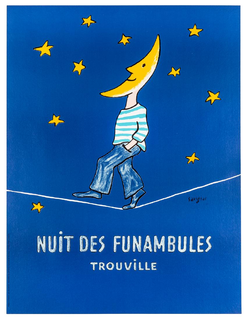 Savignac, Raymond (1902-2002). Trouville Nuit des: Savignac, Raymond (1902-2002). Trouville Nuit des Funambules. France: Oviloffset, 1985. Offset featuring a man with a crescent moon head walking the tight rope. 24 ¾ x 19”. Signed by artist. A. Lin
