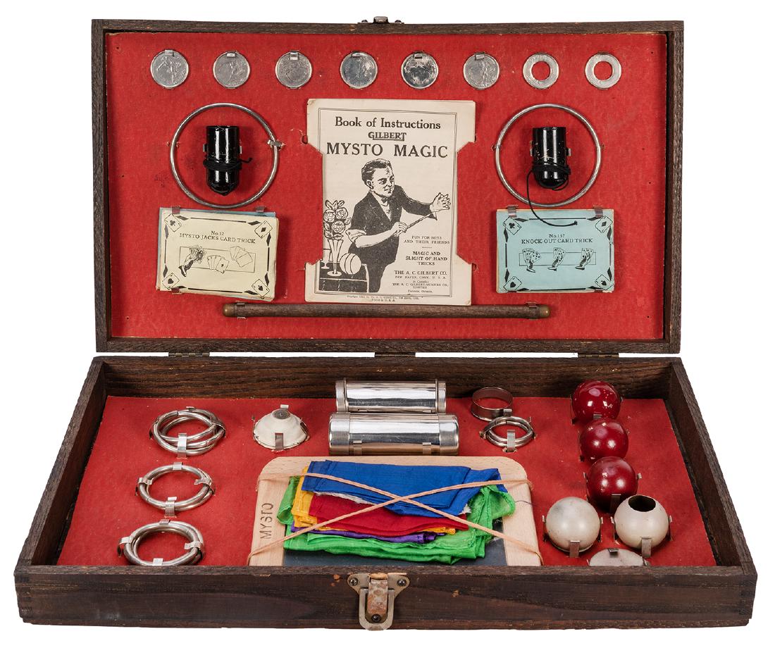 Karl Germain′s Mysto Magic Set.: [Germain] Karl Germain′s Mysto Magic Set. New Haven: A.C. Gilbert Co., ca. 1919. Vintage set with wooden box and containing multiplying billiard balls, slates, handkerchiefs, vanishers, card tri