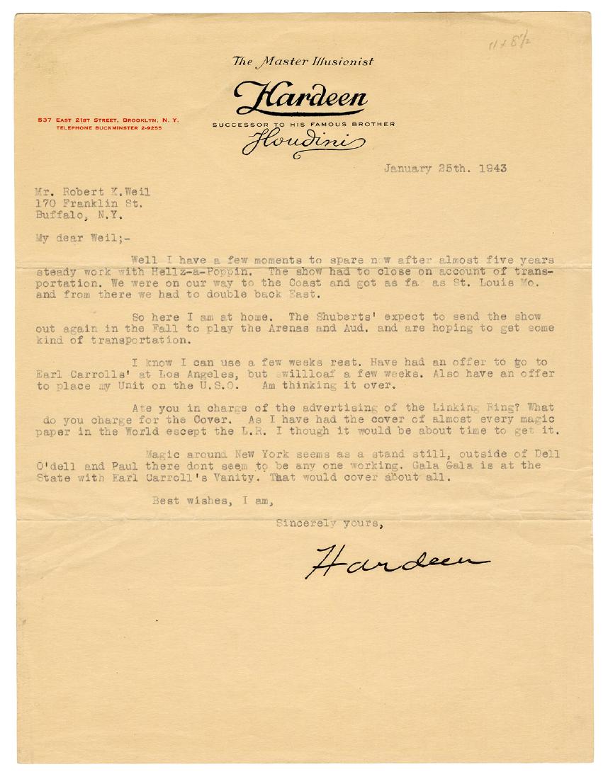 Hardeen Typed Letter Signed. (1 of 1)