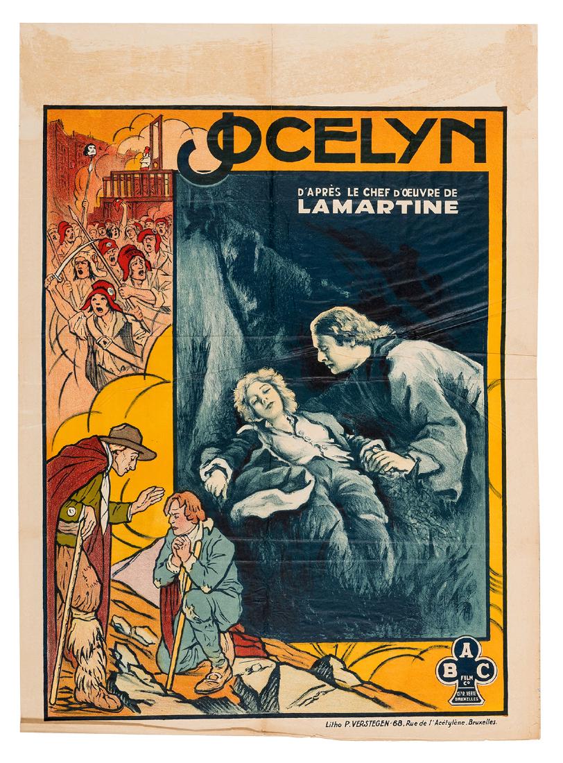 Jocelyn. Brussels: ABC Film Co./Litho P. Verstegen,: Jocelyn. Brussels: ABC Film Co./Litho P. Verstegen, 1933. Pre-war Belgian poster featuring a French drama starring Samson Fainsilber and directed by Pierre Guerlais. 33 x 24”. Folds and wrinkles