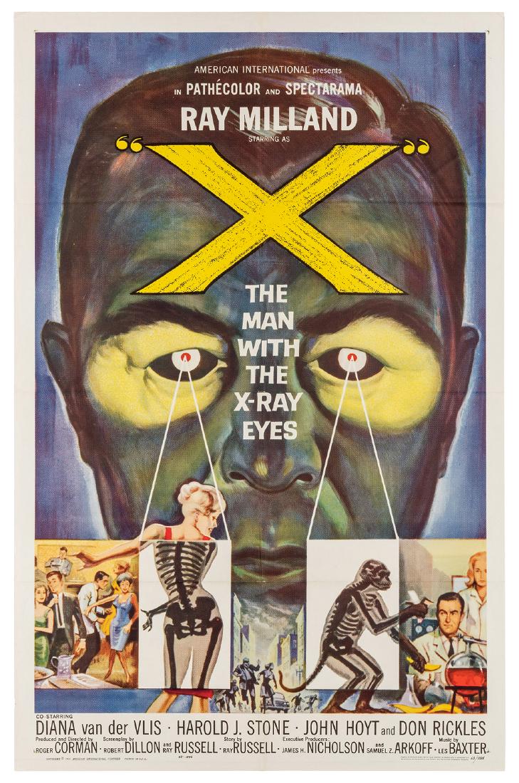 The Man with X-Ray Eyes. American International, 1963.: The Man with X-Ray Eyes. American International, 1963. One sheet (41 x 27”). Offset lithograph movie poster for the sci-fi horror starring Ray Milland. An outstanding unrestored copy, folded as