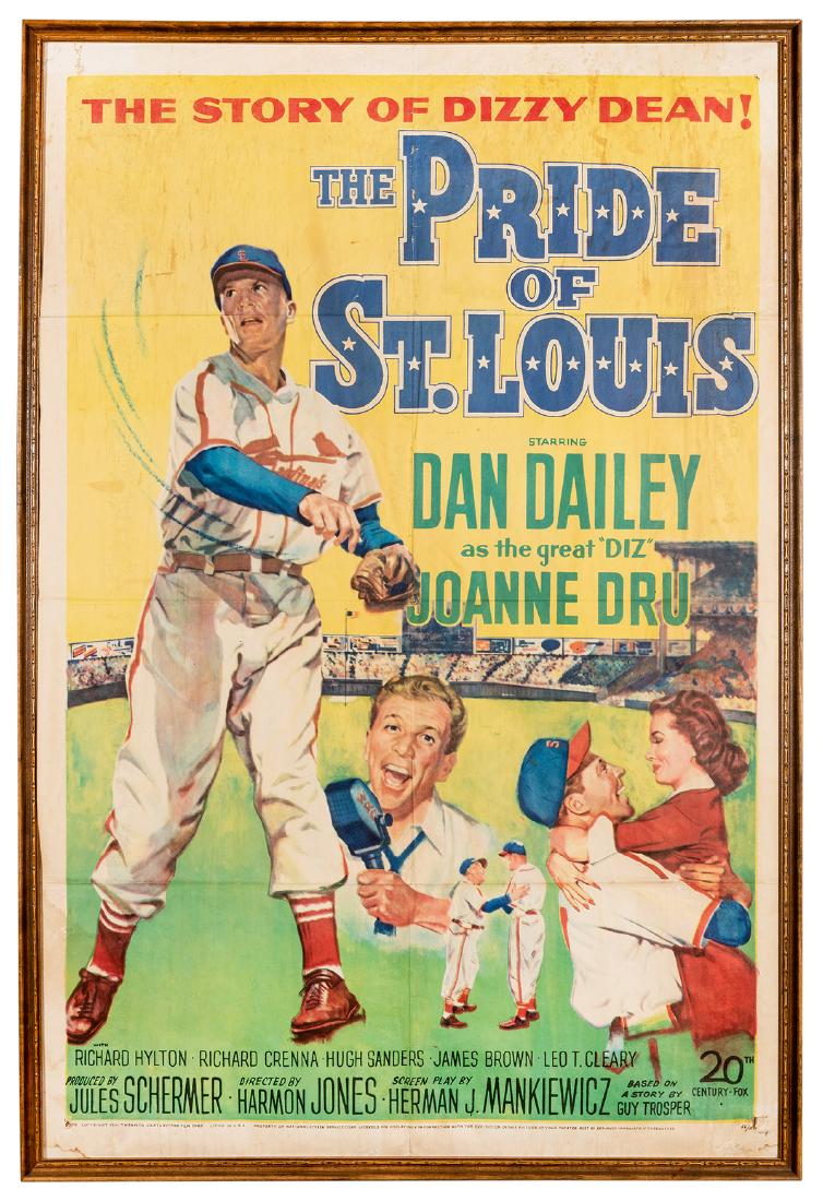The Pride of St. Louis. Twentieth Century Fox Film: The Pride of St. Louis. Twentieth Century Fox Film Corp., 1952. A colorful litho promotional movie poster starring Dan Dailey as Dizzy Dean. Framed, overall 42x 28”. Folds present, scattered soi