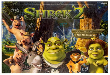 Shrek 2 Signed by Cast. DreamWorks, 2004. Animation: Shrek 2 Signed by Cast. DreamWorks, 2004. Animation promotional movie poster of entire cast. Signed by Mike Myers, Cameron Diaz, Eddie Murphy, Antonio Banderas, and various other cast members. 25 x 35