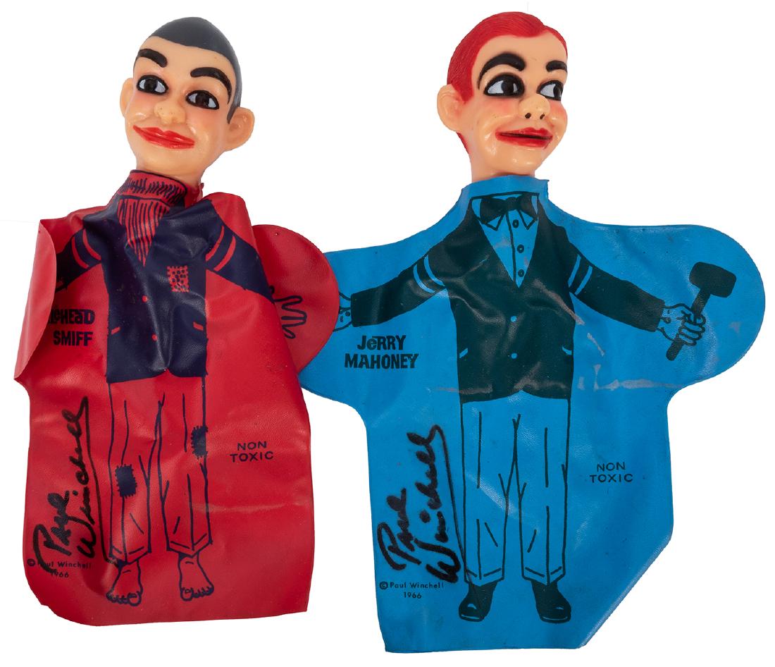 Lot of 2 Jerry Mahoney Character Hand Puppets, each: Lot of 2 Jerry Mahoney Character Hand Puppets, each signed by Paul Winchell. 1966. Unknown manufacturer; painted vinyl heads with screened soft plastic bodies; each is 10 ½”: Jerry Mahoney