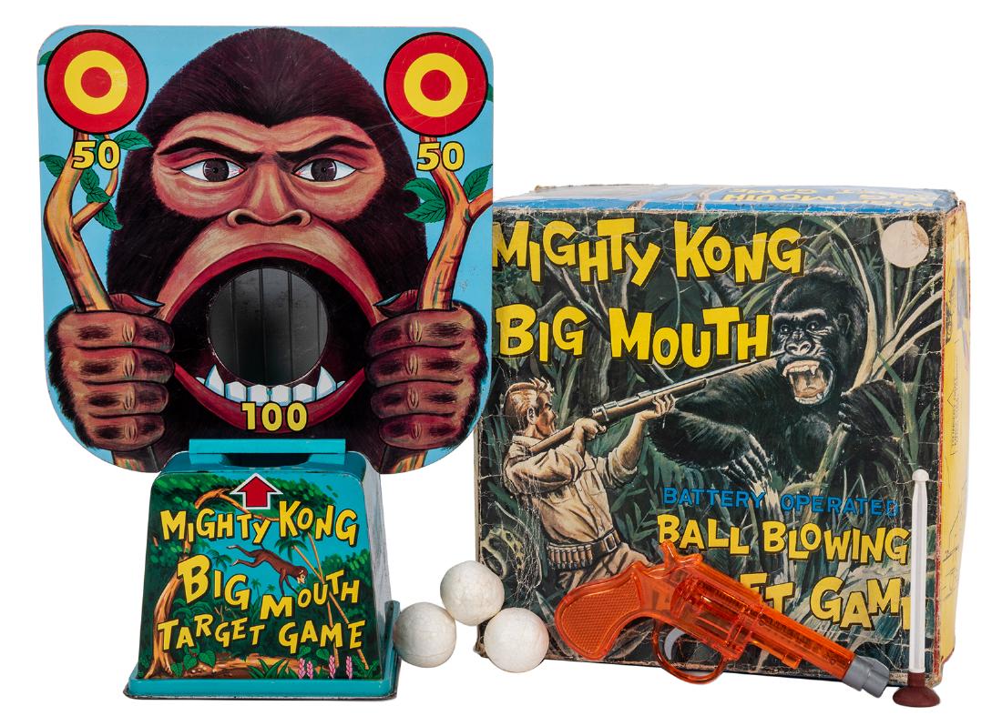 Mighty Kong Big Mouth Ball Blowing Game in Original: Mighty Kong Big Mouth Ball Blowing Game in Original Box. 1950s. Marx, Japan, box is 9 ½ x 9 ½ x 5 ½”, target stands 13” tall, battery-operated lithographed tin with plastic 