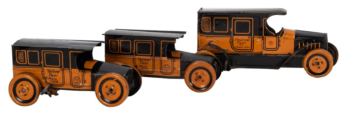 Lot of 3 Different J. Chein Tin Yellow Taxi Toys. 1924. (1 of 1)